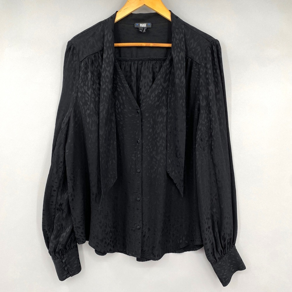 PAIGE Cleobelle Silk Leopard Jacquard Tie Neck Blouse Womens XL Black Whimsigoth